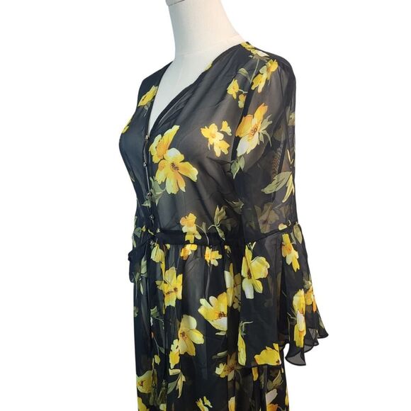 NEW POL Small Sheer Midi Maxi Dress Lingerie Cover-Up Black Yellow Floral Print - Picture 8 of 16